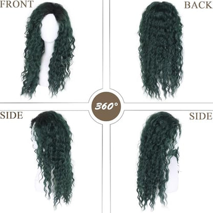 Long Curly Wigs for Women Deep Emerald Green Ombre Wig with Fluffy Hairline - color: Ombre Green