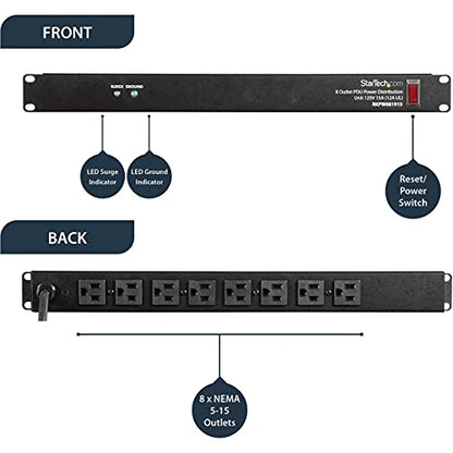 StarTech 8-Outlet 1U PDU, 120V/15A, Surge, 6ft Cord, TAA (RKPW081915) - style: 8-port|15A|Surge Protect