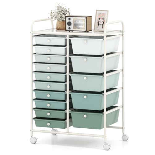 HAPPYGRILL 15-Drawer Rolling Cart, Storage Carts with Removable Drawers & Steel Frame, Utility Cart on Lockable Wheels for Home, School, Office, Macaroon, Gradient Green - color: Gradient Green, size: 15 Drawer