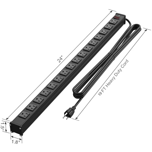QBA 16 Outlet Metal Power Strip, Long Power Strip with 10FT Extension Cord, Wall Mount Heavy Duty Power Strip for Home Office Garage Warkshop, ETL Certified, Black