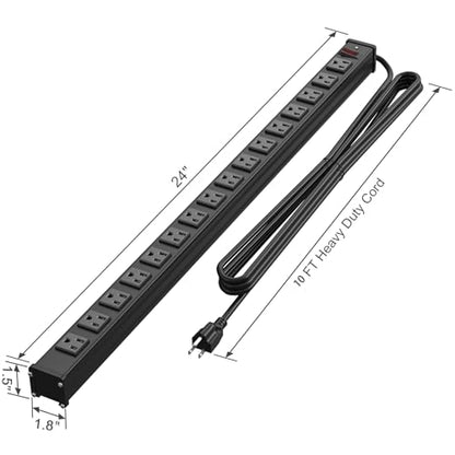 QBA 16 Outlet Metal Power Strip, Long Power Strip with 10FT Extension Cord, Wall Mount Heavy Duty Power Strip for Home Office Garage Warkshop, ETL Certified, Black