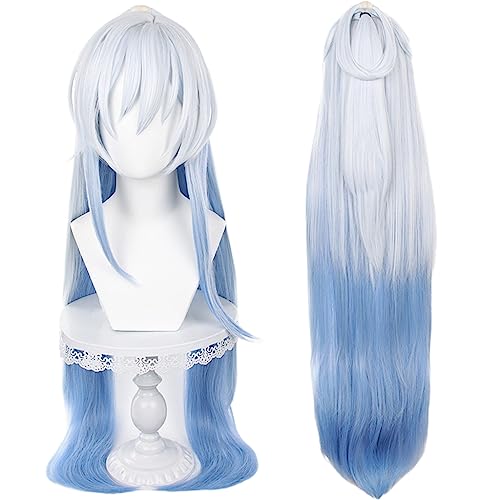 Anime Silver White Gradient Blue Long Straight wigs with Bangs 95cm/37in Hair-Tie half-up hairstyle Game Ice Queen Cosplay wig Halloween,Comic con,Party,Game Show - color: White and Blue Mixed