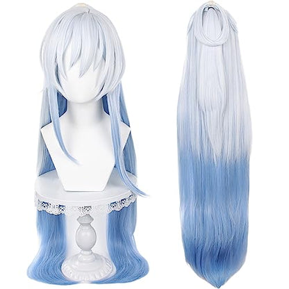 Anime Silver White Gradient Blue Long Straight wigs with Bangs 95cm/37in Hair-Tie half-up hairstyle Game Ice Queen Cosplay wig Halloween,Comic con,Party,Game Show - color: White and Blue Mixed