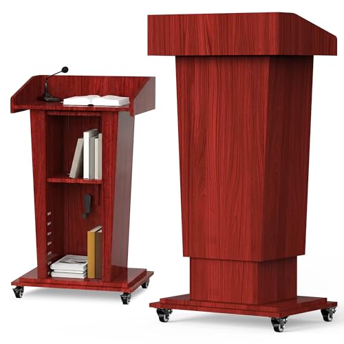 Tredre Wooden Podium Stand with Wheels, 41”–54.5” Height Adjustable Lectern | Mobile Podium with Crank Lift, Stable Base & Storage Shelf, Elegant Pulpit for Churches, Schools, Seminars and Auditoriums - color: Dark Cherry