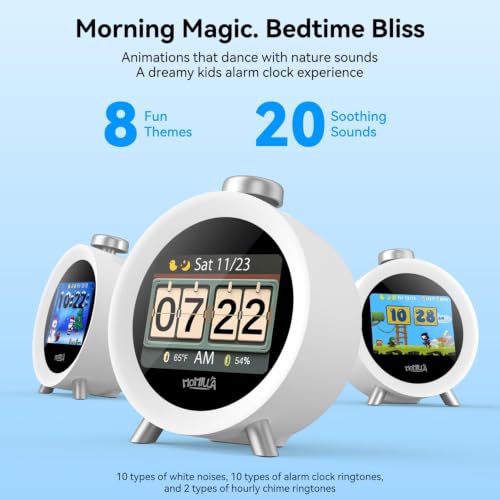 MOMILLA Alarm Clock for Heavy Sleepers Adults, Colorful Screen Temperature, Loud 7-Day Programmable 4 Alarms, Kids Alarm Clocks for Bedrooms Boys Girls, Easy to Set, Digital White Noise, Hourly Chime - style: Silver Button