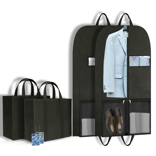 Travel Garment Suit Bag 43" for Hanging Clothes Storage for Men Suits Shirt | Suit Bags with pockets and handles, Gusseted Garment Bag for Tuxedo Dresses Coats,Suit Cover Bags with Zipper Black, 2 pack - size: 43" 2PK