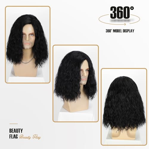 Mens Black Curly Wig Mid Length Wavy Synthetic Hair Wigs for Men Male Costume Party Cosplay Halloween or Fun (14inch, Black) - color: Short Black