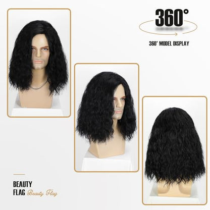 Mens Black Curly Wig Mid Length Wavy Synthetic Hair Wigs for Men Male Costume Party Cosplay Halloween or Fun (14inch, Black) - color: Short Black