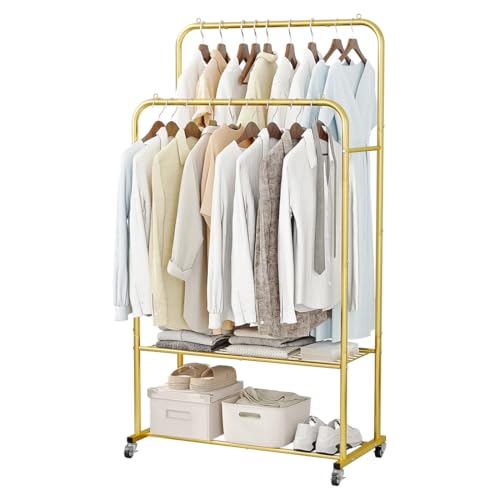 SUOERNUO Clothes Rack with Lockable Wheels Double Rods Metal Garment Racks - color: Gold, size: 31.49"D x 16.54"W x 61.61"H