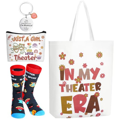 104 Pcs Theater Gifts Set for Women Men Aesthetic Waterproof Stickers Socks Canvas Tote Bag Makeup Bag Keychain for Theaters Lovers Music Actor Actress Theatre Mask Presents Prom Gift