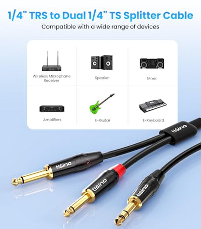 tisino 1/4 inch TRS Stereo to Dual 1/4 inch TS Mono Insert Cable Y-Splitter Stereo Breakout Cable Patch Cord - 6.6 feet | 1/4"（6.35mm） TRS Stereo Jack to Dual 1/4"（6.35mm） TS Mono Y-Splitter Aux Lead for Mixer & Studio, Gold-Plated OFC - size: 6.6 feet