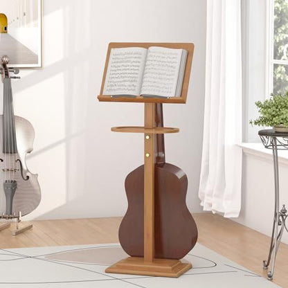 Sheet Music Stands-Bamboo Music Stand for Sheet Music& Desktop Book Stand With Tray Guitar Clip,Wooden Music Stand Portable Height Adjustable 39.37”to 51.2”Folding Holder Guitar Ukulele BassMusic - color: Tray + Guitar Clip+natural