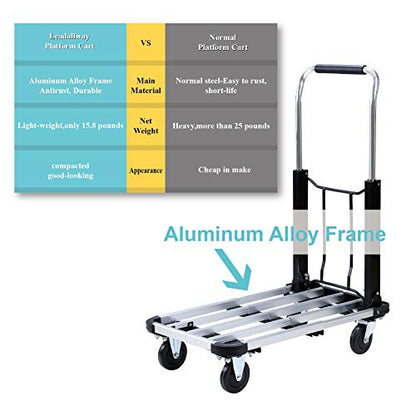 LEADALLWAY Foldable Push Cart Aluminum Alloy Platform Cart with 4-Wheel,Adjustable Length,330-LB Capacity(with 2 Ropes) | 4-Wheel,Adjustable Length,330-LB Capacity with 2 Ropes