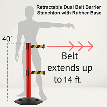 MSR650D Set of 2 Retractable Belt Barrier Stanchion, Heavy-Duty Rubber Base, Red Steel Post (14 ft Black and Yellow Diagonal Belt) - color: Black and Yellow Diagonal, size: Red Steel