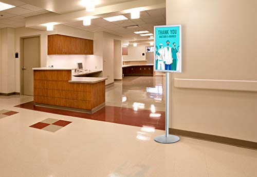M&T Displays Sign Holder Stand, Silver 18x24 Inch Poster Frame Double Sided Slide-In Aluminum Easy Loading Floor Standing Pedestal Advertisement Post Commercial Menu Holder Round Heavyweight Base - color: Silver