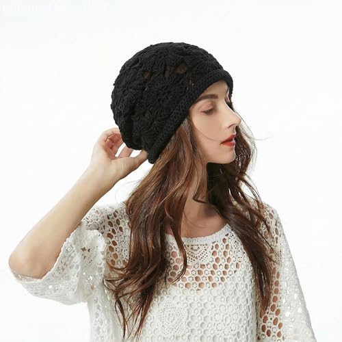 ZLYC Women Cotton Crochet Slouchy Beanie Hat Handmade Knit Summer Skull Cap | Lightweight breathable,boho casual chic look,travel photos festival party,café commute daily wear,beach concert gathering - color: Crochet Black