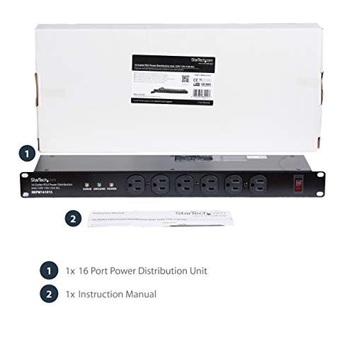 StarTech 16-Outlet 1U PDU, 120V/15A, Surge, 6ft Cord, TAA (RKPW161915) - style: 16-port|15A|Surge Protect