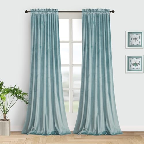 Roslynwood Velvet Eggshell Blue Curtain 63 inch Long - Curtains Block Light Rod Pocket Thermal Insulated Window Drapes Set for Living Room/Bedroom/Dining Room, W52 x L63, 2 Panels - color: Eggshell Blue, size: 52"W x 63"L (Pack of 2)