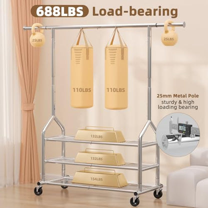EAGMAK Heavy Duty Clothes Rack Load 688 LBS, Rolling Clothing Rack With 3 Shelves, Adjustable Metal Clothes Hanger with Wheels Portable Wardrobe Organizer Garment Rod for Hanging Clothes (Silver) - color: Silver, style: 3 Shelves