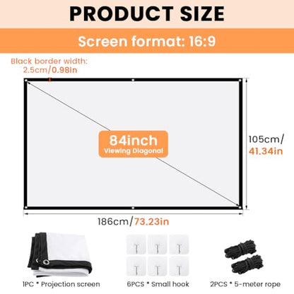 Projector Screen, 4K HD Home Movie Projection Screen, 60"|72"|84"|100"|120"|150" Anti-Crease Theater Screens Indoor Outdoor (Thickened 84 INCH) - size: Thickened 84 INCH