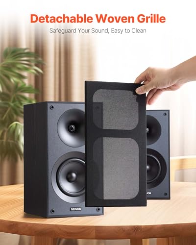 VEVOR Passive Bookshelf Speaker, 300W, Book Shelf Stereo Speakers with 5.25-Inch Woofer and 1-Inch Tweeter, Detachable Grille, 65Hz-20KHz Frequency Response, Wooden Enclosure,for Home Theater (1 Pair) - size: 5.25 Inch, style: Passive Bookshelf Speakers