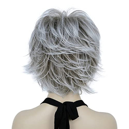 Lydell 8" Short Layered Shaggy Wavy Full Synthetic Wig (48T Light Gray with Dark Root) - color: 48T Gray with Dark Root