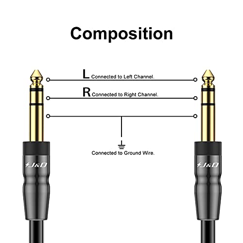 J&D 1/4 inch TRS Instrument Cable, Gold Plated Copper Shell 6.35mm TRS Male to 6.35mm Male Stereo Cable (15 Feet) - size: 15 Feet