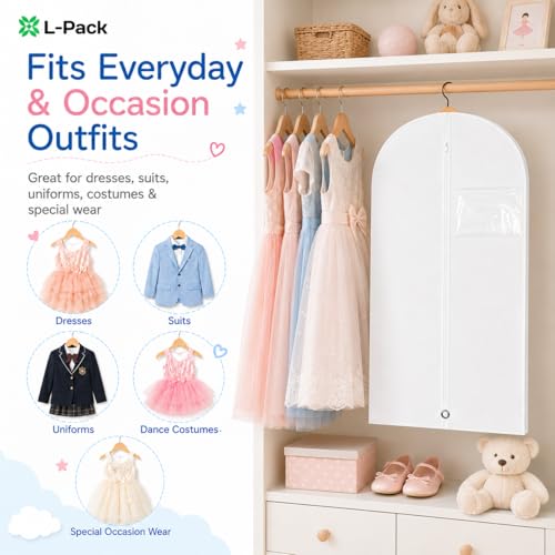 Kids Garment Bag with Clear Window, Hanging Clothes Storage Cover for Dresses, Suits & Dance Costumes, Breathable Travel Bag for Baby Toddler Child, 30" x 18", White, Pack of 1 - color: White