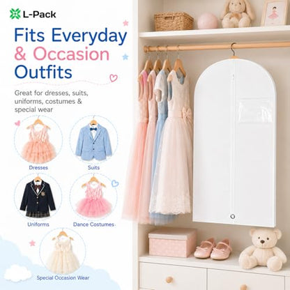 Kids Garment Bag with Clear Window, Hanging Clothes Storage Cover for Dresses, Suits & Dance Costumes, Breathable Travel Bag for Baby Toddler Child, 30" x 18", White, Pack of 1 - color: White