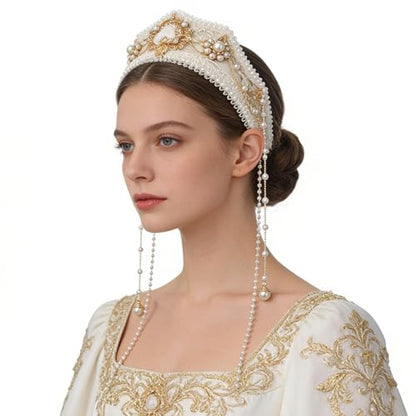 BPURB Women Tudor French Hood Headband Renaissance Anne Boleyn Hat Elizabethan Headwear Halloween Costumes - color: White