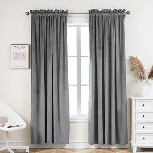 PLEASANT BOULEVARD Grey Velvet Curtains 63 inch Long Heavyweight Blackout Curtains Rod Pocket Thermal Insulated Darkening Window Drapes for Bedroom Living Room, W52 x L63, 2 Panels - color: Grey, size: 52"W x 63"L (Pack of 2)