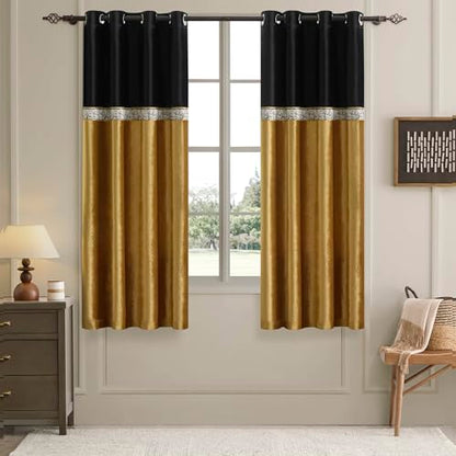 GIGIZAZA Velvet Curtains 63 Inch for Living Room 2 Panels Black Gold - color: Black+gold, size: 52"W x 63"L (Pack of 2)