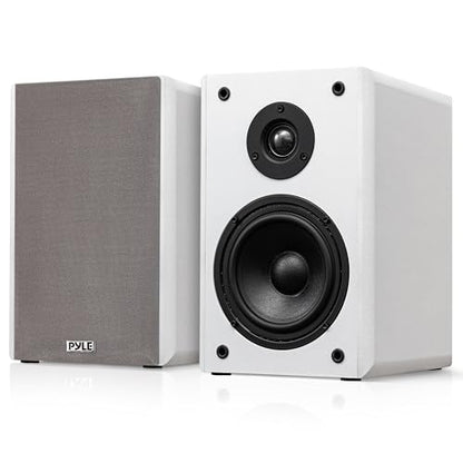 Pyle 5.25” Wired Bookshelf Speakers Pair – 2-Way HiFi Home Theater Stereo Speakers with Soft Dome Tweeter, Paper Cone Woofer & Wall Mount Brackets – Compact Speaker System, White - color: White, size: 5.25 inch
