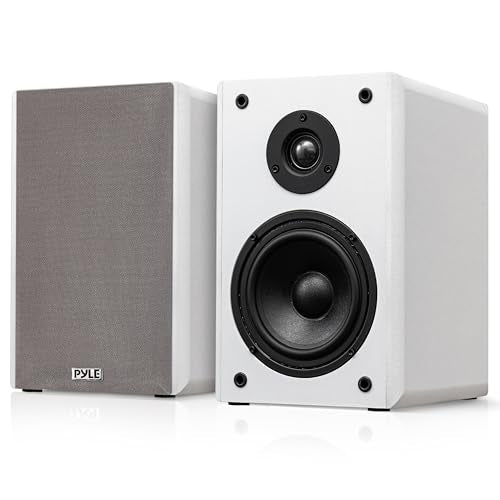 Pyle 5.25” Wired Bookshelf Speakers Pair – 2-Way HiFi Home Theater Stereo Speakers with Soft Dome Tweeter, Paper Cone Woofer & Wall Mount Brackets – Compact Speaker System, White - color: White, size: 5.25 inch