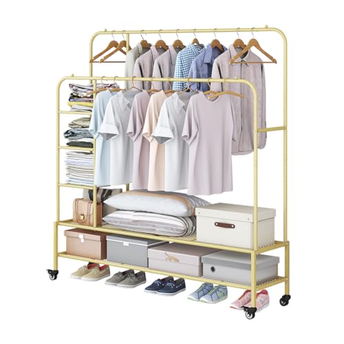 SUOERNUO Clothes Rack with Lockable Wheels Double Rods Metal Garment Racks - color: Gold, size: 48.03"D x 12.99"W x 64.65"H