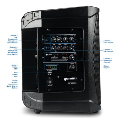 Gemini Wireless Battery PA Speaker, 400 Watts, 6.5" (GPSS-650) | 13 lb wireless battery PA, 6.5", 11+ hr - 3-channel mixer, DSP EQ - XLR/1/4", RCA, AUX - Bluetooth