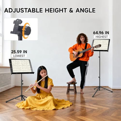 Portable Music Stand - Folding Sheet Music Stand & Book Stand with Carrying Bag, 3 in 1 Tri-fold Panel Metal Podium Stand Adjustable Height with Music Sheet Clip Holder