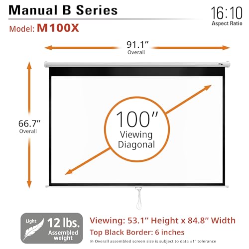 Elite Screens Manual B, 100-INCH 16:10, Manual Pull Down Projector Screen 4K / 8K Ultra HDR 3D Ready Auto-Lock Mechanism, 2-YEAR WARRANTY, M100X - color: White, size: 100 INCH, style: 16:10