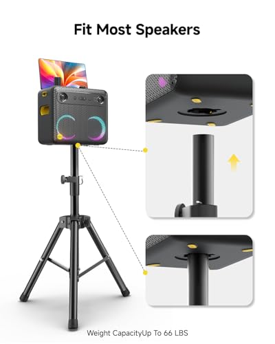 Ikarao Speaker Stand Adjustable Height 36"-47", Heavy Duty Carbon Steel Karaoke Machine Stands with Dual Tension Knobs, Portable Tripod Speaker Mount for PA DJ System & Party, 35mm Insert, 66lbs Load