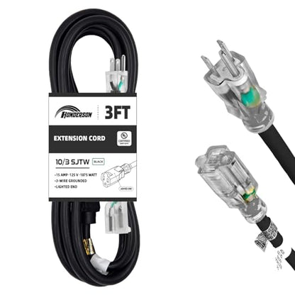 3 Ft Black Extension Cord with Lighted End Weatherproof 10 Gauge | UL Certified 10/3 SJTW Cable, 15A Rated, Ideal for Outdoor Lights, Appliances and Lawn Tools - size: 3FT, style: 10/3