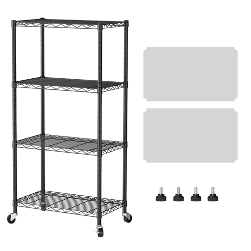 SINGAYE 4 Shelves Storage Wire Shelf Closet Metal Shelving Pantry Wheels - color: Black, size: 4Tier/14"D X 24"W X 49"H
