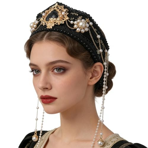 BPURB Women Tudor French Hood Headband Renaissance Anne Boleyn Hat Elizabethan Headwear Halloween Costumes - color: Black