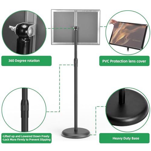 GUOHONG 2Pack Sign Stand 8.5x11 Inch, Adjustable Floor Standing Sign Holder | Heavy Duty Poster Stand Aluminum, Snap Open Frame, 360° Rotation Vertical Horizontal, Round Base for Mall, School, Restaurant