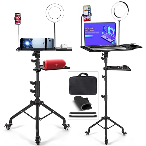 Projector Tripod Stand with Wheels Laptop Tripod Stand Projector Tripod Laptop Stand Floor Stand Live Stream stand Treadmill Stand Music Stand with 6" LED Ring Light for Online Meeting Recording