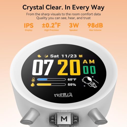 MOMILLA Alarm Clock for Heavy Sleepers Adults, Colorful Screen Temperature, Loud 7-Day Programmable 4 Alarms, Kids Alarm Clocks for Bedrooms Boys Girls, Easy to Set, Digital White Noise, Hourly Chime - style: Silver Button