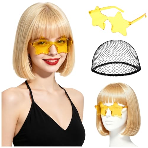 Short Bob Straight Hair Wigs with Bangs, Heat Resistant Fiber Hair, Star-shaped Glasses for Women (Light Gold) - color: Light Gold