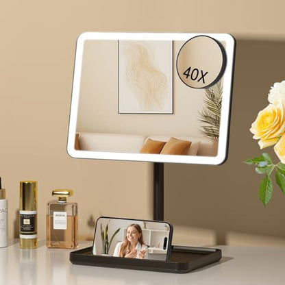 FUNTOUCH 4000mAh Rechargeable Vanity Mirror with Lights 40X Magnifier,Black - color: 9.5"lx7.5"w-black-m