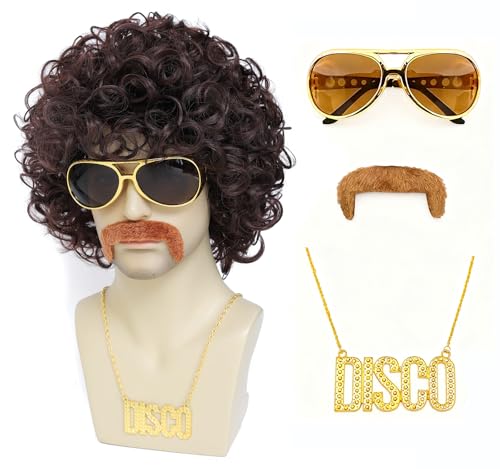 ByouByou Men's Afro Curly Wig Set with Mustache Sunglasses Necklace, 70s 80s Retro Disco Costume Kit, Synthetic Curly Wig for Halloween Cosplay Party, Dark Brown - color: Dark Brown