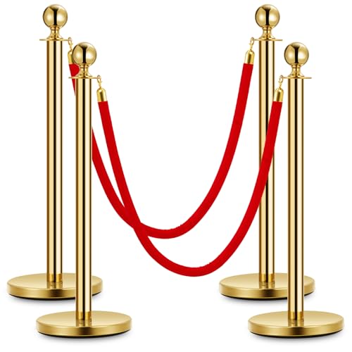 4 Pcs Gold Stanchion Post Queue and 3 Pcs 5 Ft Red Velvet Ropes, Stainless Steel Red Carpet Ropes and Poles, Crowd Control Safety Barriers for Parties, Banks, Museums - size: 4 post | 2 rope