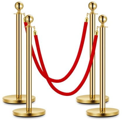 4 Pcs Gold Stanchion Post Queue and 3 Pcs 5 Ft Red Velvet Ropes, Stainless Steel Red Carpet Ropes and Poles, Crowd Control Safety Barriers for Parties, Banks, Museums - size: 4 post | 2 rope